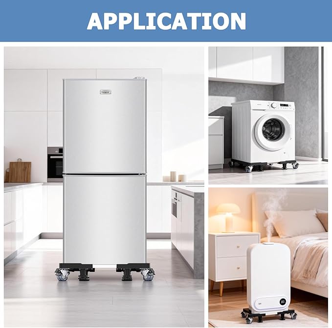 Mini Fridge Stand With 4 Locking Swivel Wheels & 4 Strong Feet Double Fixed Rods Heavy-Duty Washing Machine Stand Adjustable Appliance Dolly Mover Mobile Base Laundry Pedestal For Washer, Dryer, Black