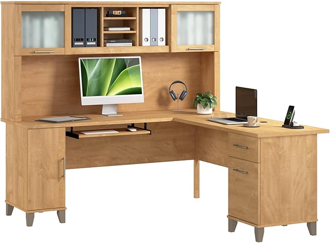 Bush Home 72-Inch L-Shaped Desk with Hutch, Corner Computer Office Desk with File and Box Drawers, Shelves and Storage Cabinet, Home Office Workstation, Somerset Collection, Maple Cross