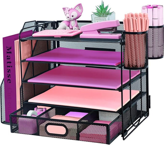 Desk Organizers and Accessories with File Holder, 5-Tier Paper Letter Tray Organiser with Drawer and 2 Pen Holder, Mesh Desktop Document Organizer for Office Supplies, Workspace - Black