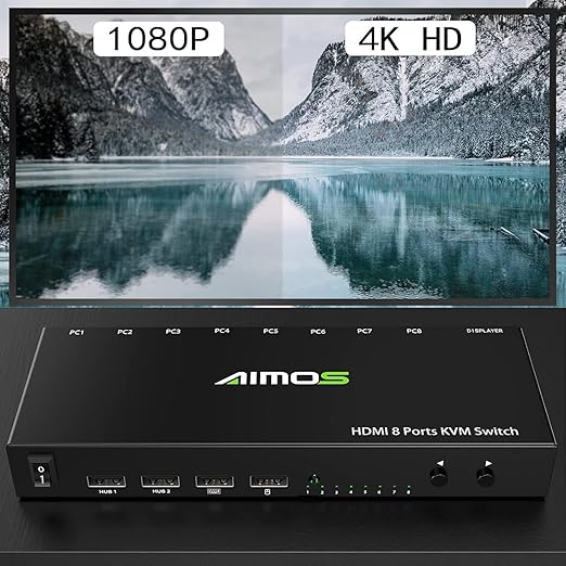 KVM Switch 8 Ports with Hotkey, 8 in 1 Out USB 2.0 HDMI KVM Switcher Support 4K@30Hz for 8 PC Share Keyboard and Mouse, Compatible with Windows/Linux/Mac System etc