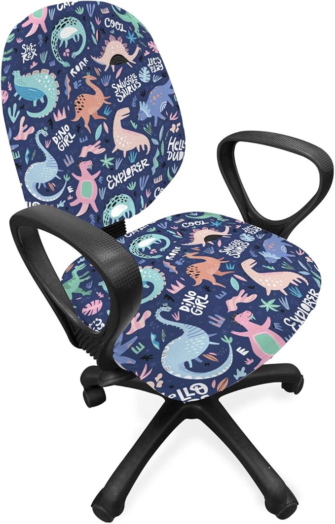 Ambesonne Dinosaur Office Chair Slipcover, Cartoonish Abstract Extinct Animals She-rex Dino Girl, Protective Stretch Decorative Fabric Cover, Standard Size, Dark Indigo Soft Blue Blush