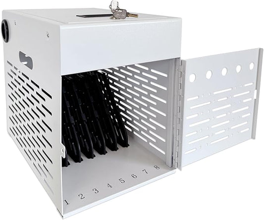 8-Device Tablet Charging Station, Lockable Steel Case Fits 14" Chromebooks, iPads, Laptops & Tablets, Secure Storage with 2 Keys, Ideal for Classrooms, Offices & Hospitals, White