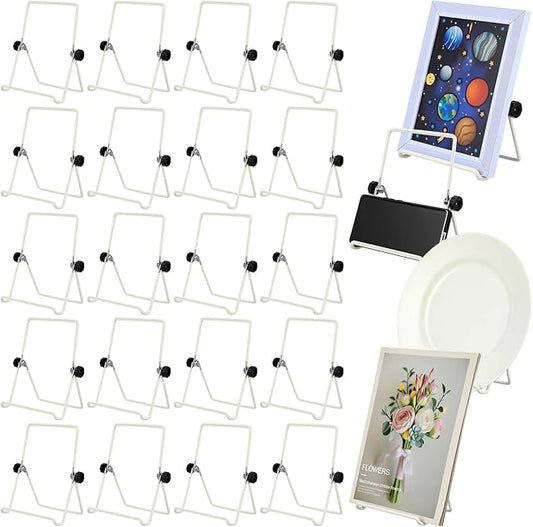 Kenning 24 Pack Adjustable Plate Stands for Display 7.1 Inch White Metal Foldable Easel Book Display Stands Bulk Decorative Plate Holders for Platter Frame Photo Tabletop Art(Double Corners)
