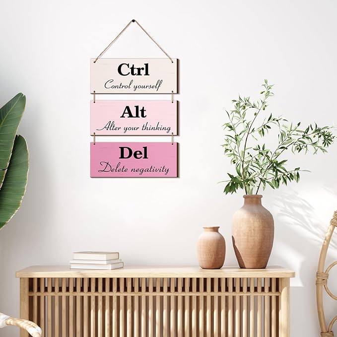 Qunclay 3 Pcs Office Wall Decor Pink Wood Rustic Hanging Cubicle Decor Summer Inspirational Ctrl Alt Del Sign Decoration for Bathroom Indoor Home Living Room