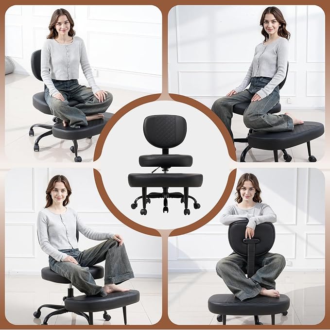 Ergonomic Cross Legged Office Chair with Wheels, Criss Cross Desk Chair with Leg Rest, Meditation Chair Yoga Kneeling Chair, Adjustable ADHD Chair Black