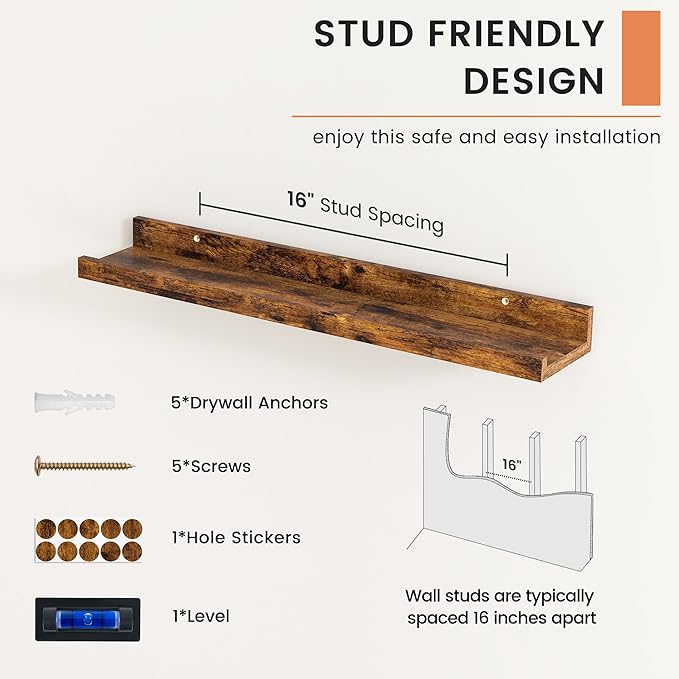 FLYJOE Picture Ledge Shelf, Floating Shelves Set of 2, 24 Inches Nursery Book Shelves for Toys Storage, Kids Bookshelf Wall Mounted for Living Room Bedroom Decor Books Photo Frames, Rustic Brown