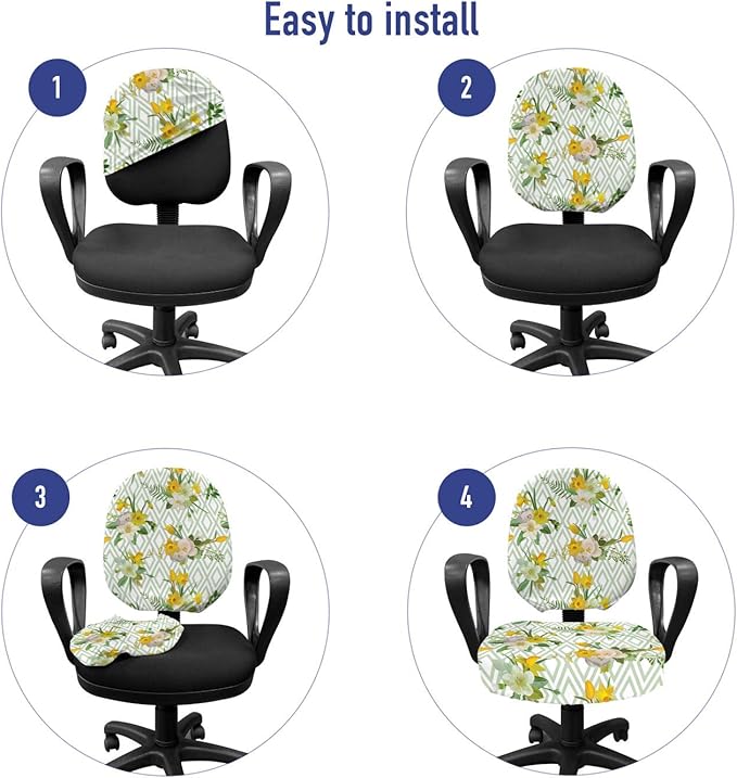 Ambesonne Watercolor Office Chair Slipcover, Diamond Pattern Blooming Floral Arrangement Petals and Leaves, Protective Stretch Decorative Fabric Cover, Standard Size, Green Yellow