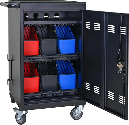 32 Device Charging Cart, Laptop and Tablet Storage Cart, Holds Up to 14" with 6 5-Device Storage Baskets, Cord Management, Front and Rear Access Locking, for Classroom or Office.Black