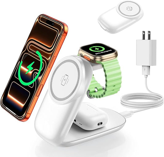 3-in-1 Wireless Charging Station for MagSafe,Foldable Magnetic Stand for iPhone 17/16/15-12 Series, Apple Watch/AirPods,Fast Charger for Qi Phones - Ideal for Home/Office/Travel (White, Normal)
