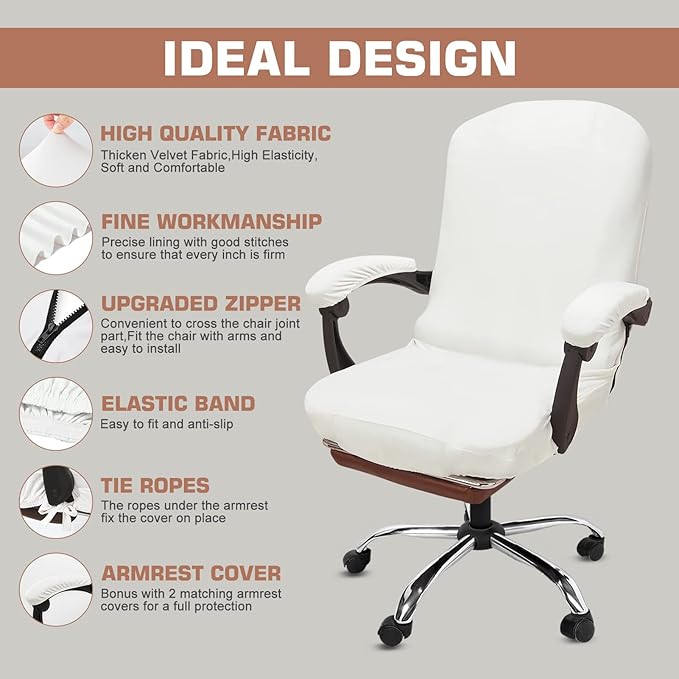 NeColorLife Velvet Office Chair Cover with Armrest Covers - Stretchable High Back Desk Computer Chair Slipcover for Large Rotating Boss Chairs (Large,Ivory White)
