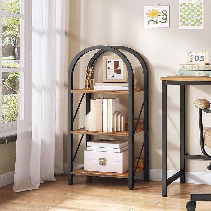HOOBRO Bookshelf, 3-Tier Arched Bookshelf, Industrial Bookcase with Metal Frame, Book Shelf Storage Organizer for Living Room, Office, Bedroom, Rustic Brow and Black BF423SJ01