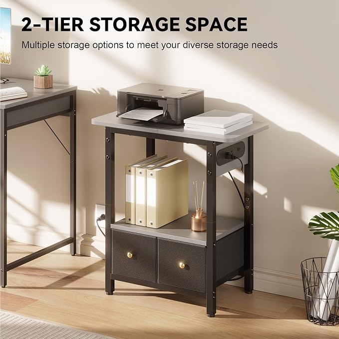 HLDIRECT Nightstand with Charging Station, Bedside Table with 2 Fabric Drawers and Large Storage Shelf for Small Space, End Table with Outlet and USB Ports for Living Room, Bedroom (Gray)