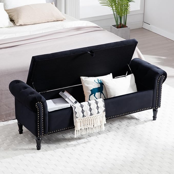 67'' Storage Bench for Bedroom End of Bed, Storage Bench for King Size Bed, Upholstered Tufted Storage Ottoman Benches with Arms for Living Room Entryway,Velvet Black