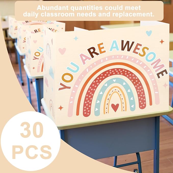 Whaline 30Pcs Privacy Boards Boho Classroom Desk Dividers Colorful Rainbow Heart You are Awesome Desk Privacy Panel Foldable Screen Partition for School Teacher Student Test Supplies
