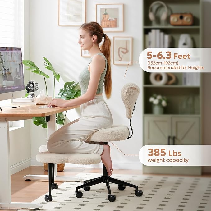 Pinmoco White Teddy Cross Leg Chair – Plush Cozy Meditation Chair, Home Office Desk Seat with Wheels, Modern Scandinavian Style, Comfortable & Soft for Adults