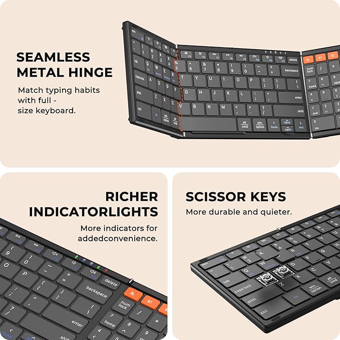 MEETION Foldable Keyboard and Mouse, Folding Portable Wireless Keyboard Mouse, Full Size Rechargeable 2.4G+Dual Bluetooth Keyboards Combo for Business Travel, for Windows/Mac/iOS/Andriod, iPad/Laptop