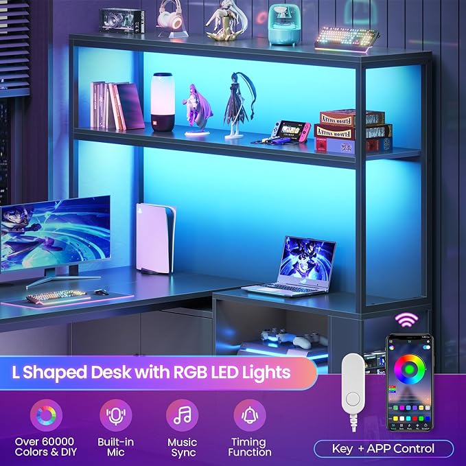 SEDETA 56.7" L Shaped Standing Desk, Reversible Computer Office Desk with Drawers & Hutch, Stand Up Corner Gaming Desks with LED Lights & Power Outlets for Home Office, Black