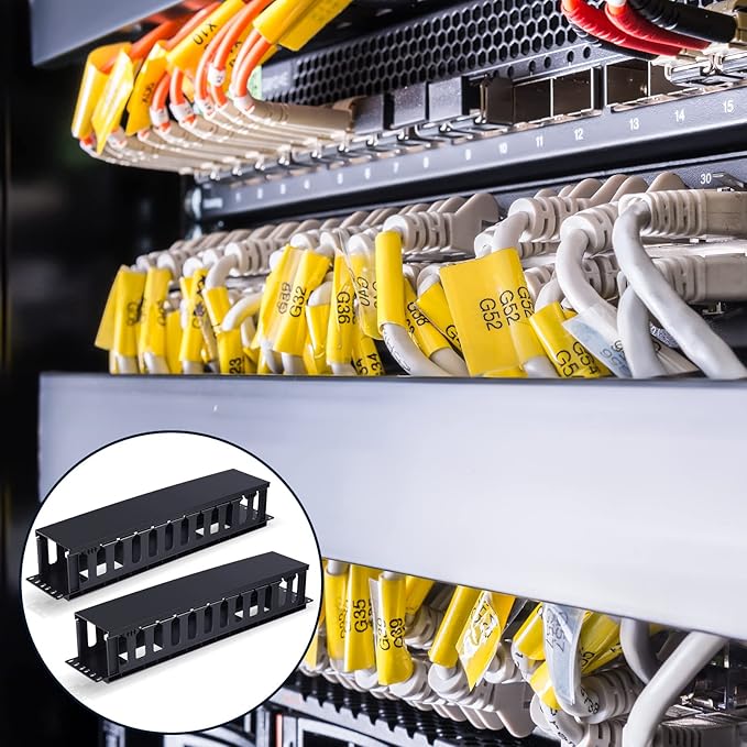 Taiyin 2 Pcs 2u 19 Inch Horizontal Cable Management Panel, 12 Slot Rack Cable Organizer with Removable Cover for Server & Network Rack