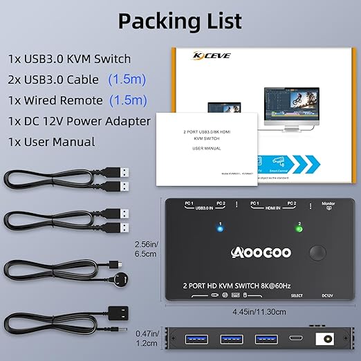 8K@60Hz HDMI KVM Switch 1 Monitors 2 Computers 4K@144Hz KVM Switches with USB 3.0 Port,Wired Remote,Power Adapter and USB3.0 Cables Included(10cm 2 PC 1 Monitor 8K KVM)