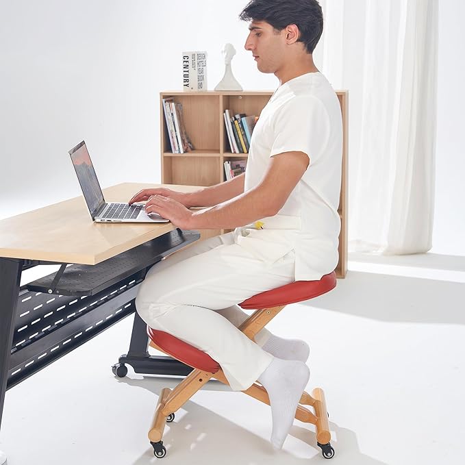 Master Massage Ergonomic Wooden Foldable Kneeling Chair for Office –Wood Folding Posture Chair for Home-Posture Correction Stool-Improve Your Posture Cinnamon Color
