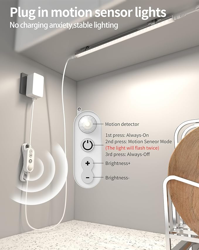Motion Sensor Dimmable Under Cabinet Lighting, 4500K Daylight, Plug-in, Linkable LED Closet Light Bars, 12-inch 3 Pack