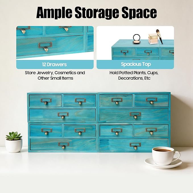 4 Packs Vintage Desktop Apothecary Cabinet with 3 Drawers, Vintage Desktop Organizer Wood Desktops Organizers Stackable Drawers Chest Drawer for Herb Storage Tea Collection Stationery (Blue)