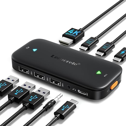 Lemorele USB C KVM Switch, 2 Computer Sharing 4K@60Hz HDMI Monitor, 100W PD Fast Charging, 3×USB-A 2.0 + 1×USB-C 2.0 Data Ports, 3.5mm Audio for Windows/Mac/Linux