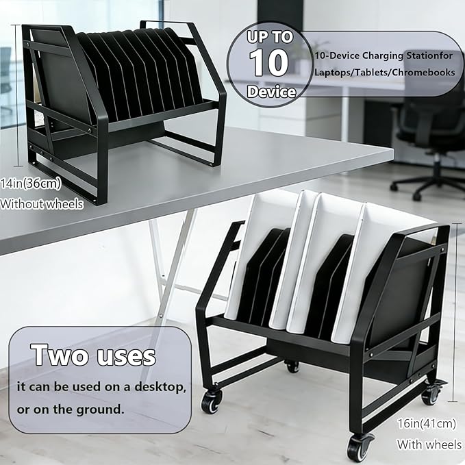 10 Slot Laptop Charging Cart Mobile Open Storage Rack with 4 Removable Wheels, Fits Laptops, Tablets, Ipads for Classrooms, Libraries, Office Desks