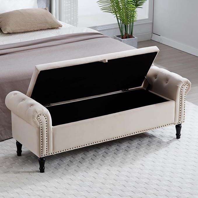 67'' End of Bed Storage Bench King Size, Storage Bench for Bedroom End of Bed, Upholstered Tufted Storage Ottoman Benches with Arms for Living Room, Entryway, Velvet Beige