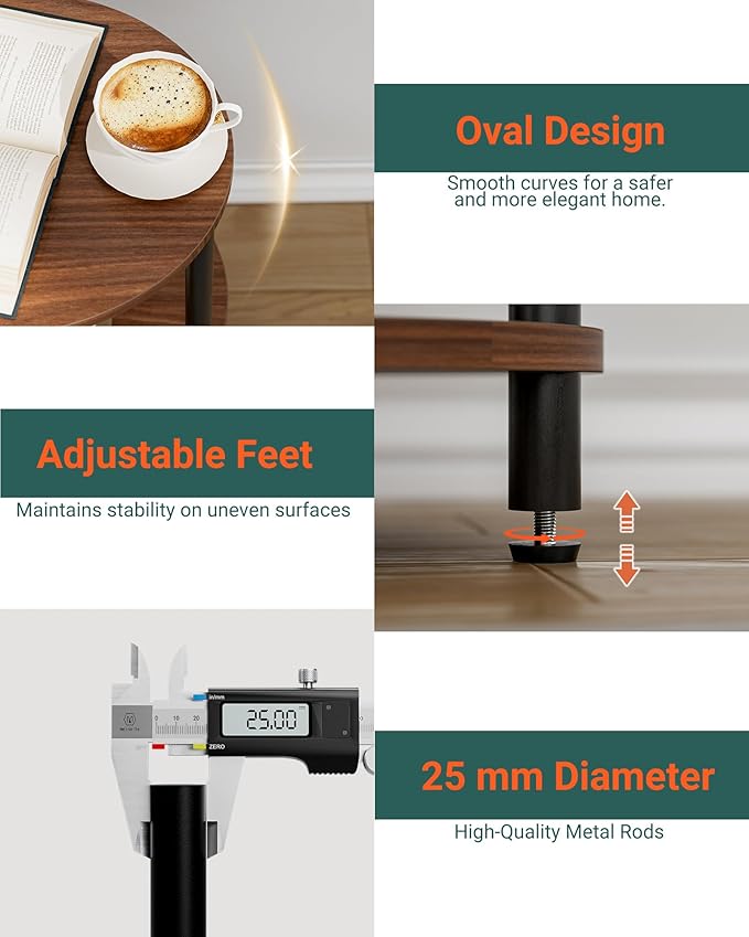 Round Pedestal End Table - 3-Tier Oval Accent Table for Small Spaces, Rustic Wood and Metal Couch Side Table, Nightstand for Bedroom or End Table Living Room, Easy to Assemble, Rustic Walnut