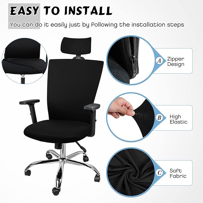 Lounsweer 3 Pieces Office Chair Cover Rolling Desk Chair Cover Gaming Covers Stretch Washable Protector Pets Slipcovers for Swivel Armchair Boss(Simple,Black)