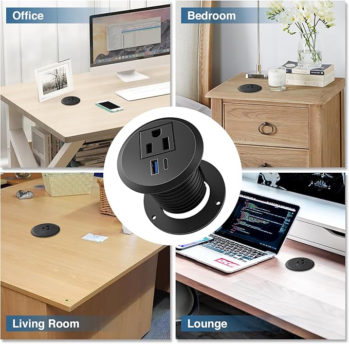 Desktop Power Grommet, 2inch Desktop Power Grommet Outlet, Recessed Power Strip Outlet with 1 USB and 1 Type-C, 20W PD Fast Charge for Desk, Kitchen, Office, Home, Hotel and More