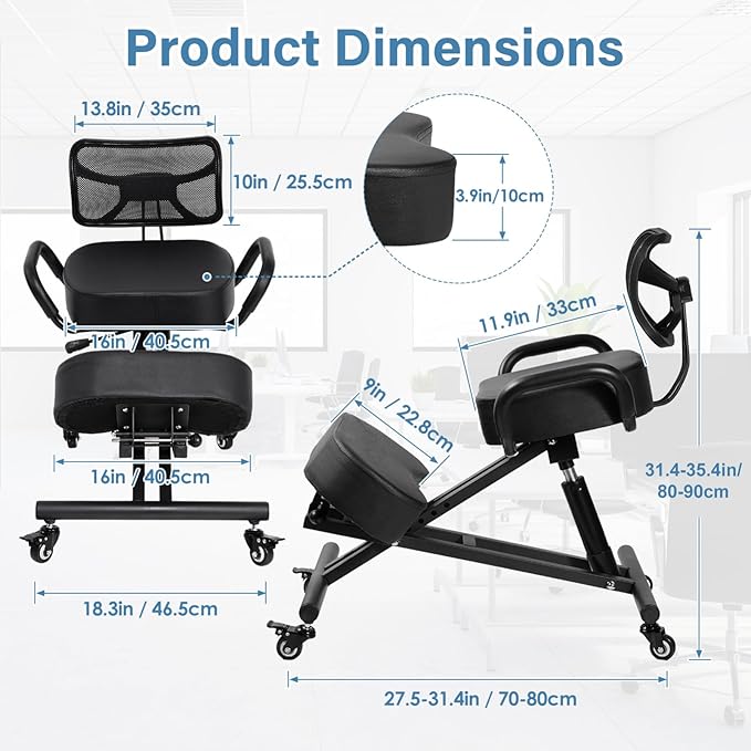 Ergonomic Kneeling Chair with Backrest, Kneeling Chair with Locking Wheels, Adjustable Height Kneeling Support Chairs, PU Computer Kneel Chairs for Living Room