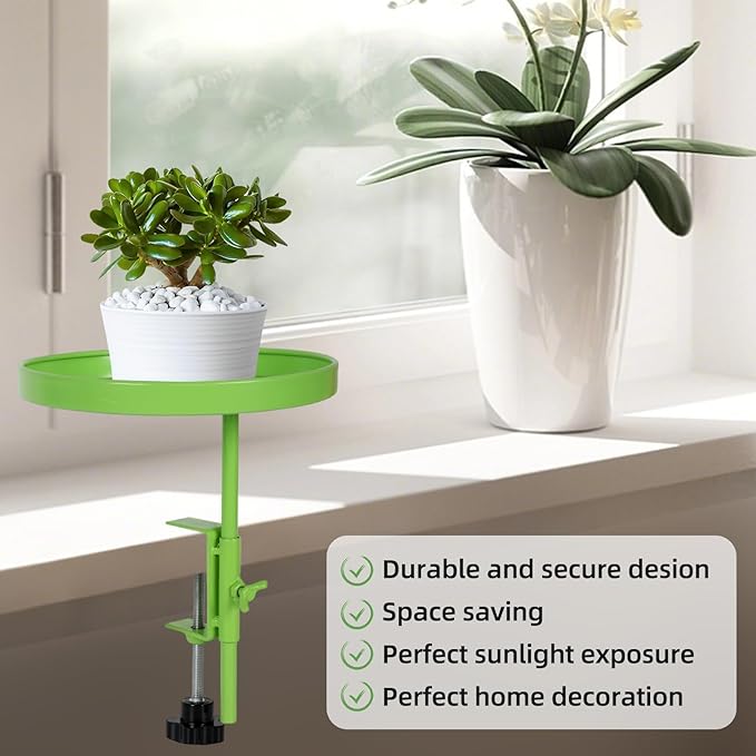 2Pack Window Plant Shelves Stand Holder 7.10inch Adjustable Windowsill Clamp Tray Round Metal Windowsill Extension Tray Window Planter Floating Shelf for Plants for Indoor Plants Home Decor, Green