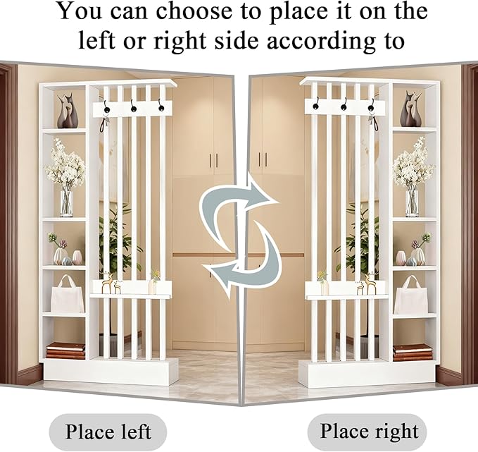 Wall Room Divider - Freestanding Wood Room Divider with Shelves and Coat Rack, Wall Divider with Storage Cabinet and Display Shelf, Freestanding Decor for Bedroom, Office
