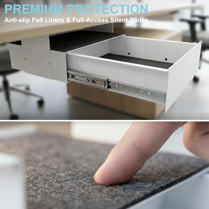 Under Desk Lockable Drawer, Heavy-Duty Pull-Out Storage Organizer with Full-Extension Ball-Bearing Slides, Carbon Steel Undermount Drawer for Home Office & Standing Desk, 13.8 Inch, White