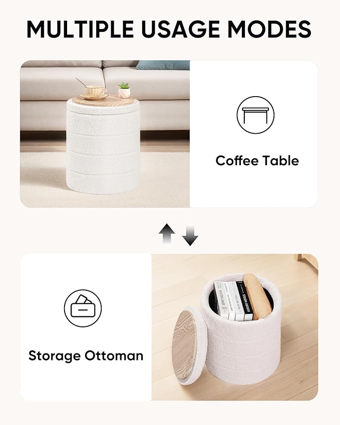 Round Boucle Storage Ottoman, Sherpa Teddy Fabric Ottoman Footstool with Reversible Tray Lid, Folding Footrest with Storage for Living Room, Bedroom, Dorm, White, 14.6" x 14.6" x 17.7"