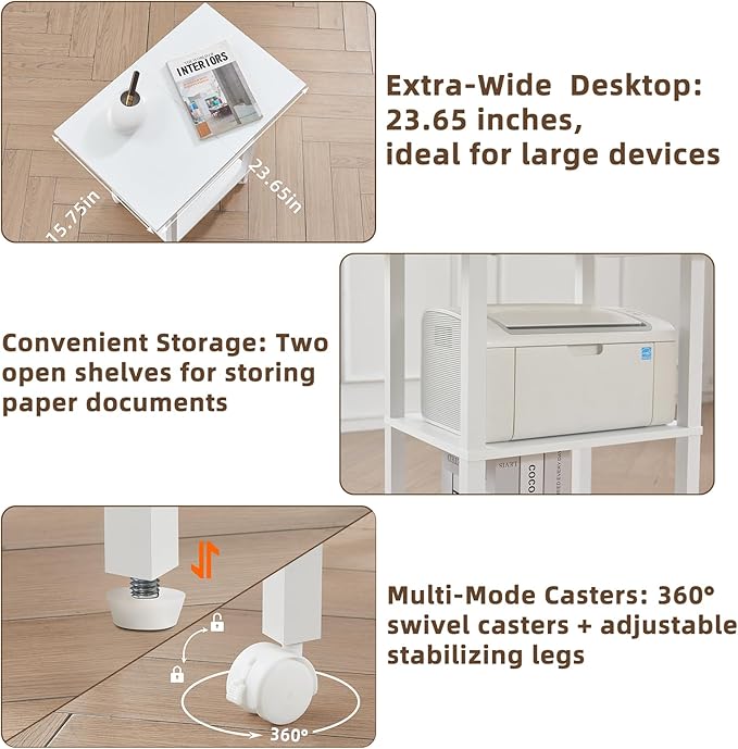 YUFAM White 3 Tier Home Printer Stand with Storage, Wooden Mobile Printer Table Shelf, Rolling Printer Cart Shelf with Lockable Wheels fit Fax Machine, Scanner