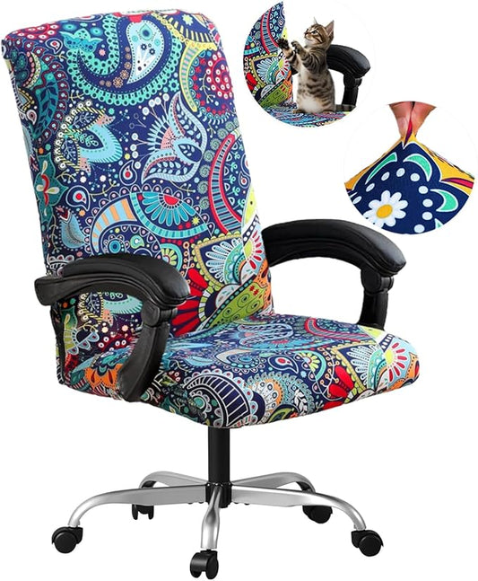 Office Chair Cover,Removable Desk Chair Cover with Zipper,Stretch Anti-dust Universal Rotating Office Seat Slipcover,Washable High Back Computer Seat Protector for Pets (Blue, Large)