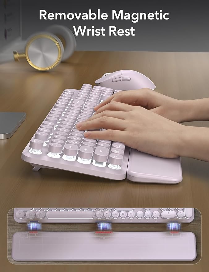 Wireless Keyboard and Mouse Backlit - Typewriter Keyboard with Magnetic Wrist Rest, Retro Round Keycaps, Light Up Letters, 2.4GHz Cordless Combo for Mac, Windows, PC, Laptop, Trueque（Dusty Lavender）
