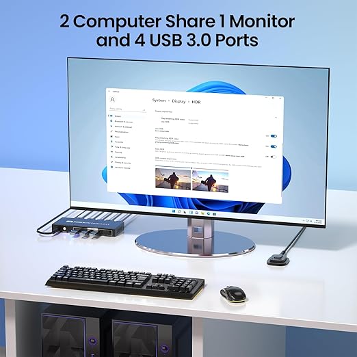 8K60Hz 4K120Hz HDMI KVM Switch 1 Monitor 2 Computers, 2 Port KVM Switch for Controlling 2 PCs with 1 Monitor, Keyboard and Mouse, 4 Port USB 3.0 for Peripheral