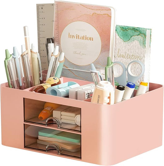 Marbrasse Pen Organizer with 2 Drawer, Multi-Functional Pencil Holder for Desk, Desk Organizers and Accessories with 5 Compartments + Drawer for Office Art Supplies (Pink)
