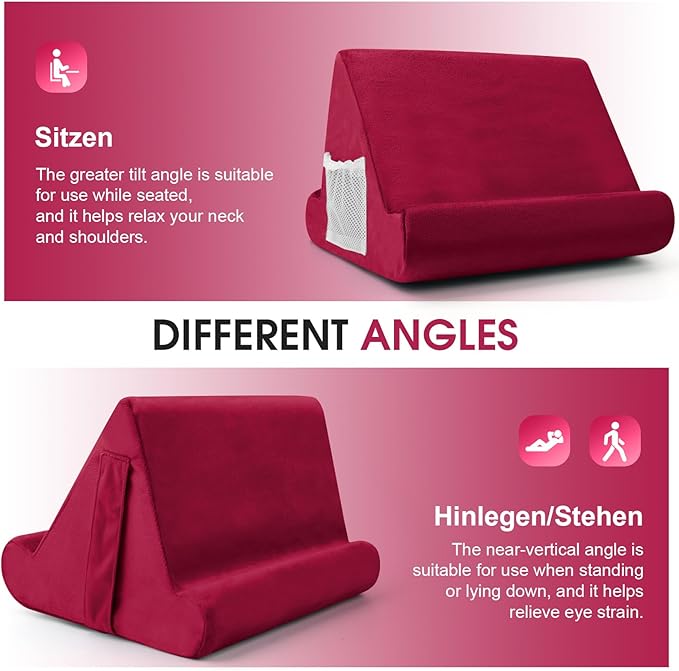 Multi-Angle Tablet Stand with Soft Pad and Net Pocket - Universal Phone and Pad Holder for Lap, Knee, Sofa and Bed (Wine Red)