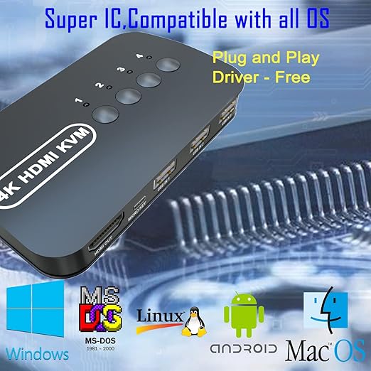 HDMI KVM Switch 4 Port - KVM Switcher for 4 Computers Share 1 Monitor & 3 USB 2.0 Devices,Keyboard Mouse Printer,Support 4K@30Hz, 4 Cables 1 Desktop Controller Included