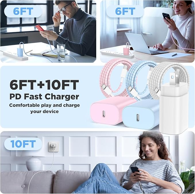 Hzevn 25W USB C Super Fast Charging Charger for Samsung Galaxy Phone, 3Pack Quick Charger Block with Braided Long USB C to C Cables (6/6/10ft) for Samsung Galaxy S25/S24/Plus/Ultra, Android/iPhone 17