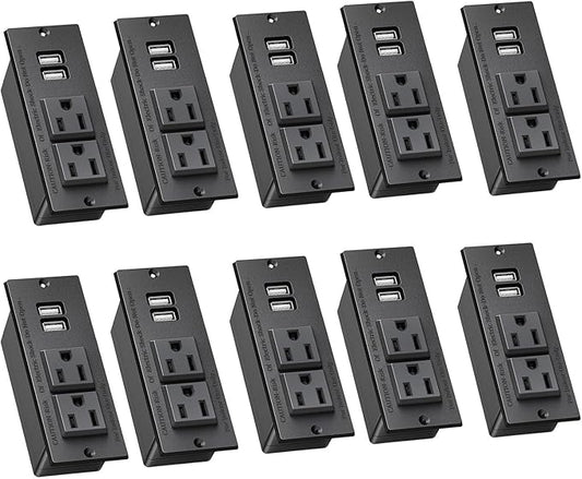 10-Pack Recessed Power Strip Desktop Power Grommet Conference in Desk Outlet Power Socket 2 Outlets &2 USB Ports 10 FT Extension Power Cord, ETL Listed