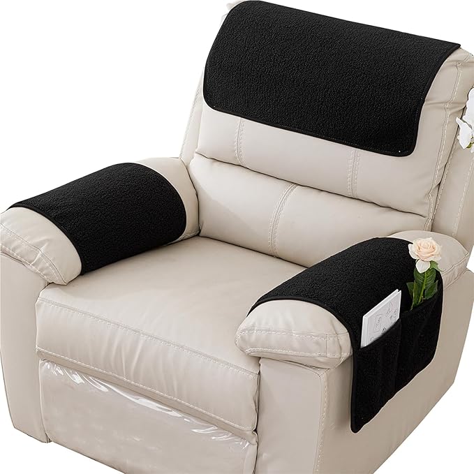 Armrest Cover, Recliner Chair Protector, Furniture Protector Slip, Side Storage Pocket, Stretch Armchair Couch Arm Rest Cover for Recliner, Chair, Sofa (Black,3 Seater(5pcs))