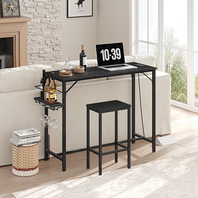 MAHANCRIS Bar Table, 35.4-Inch Counter Height Pub Table with Charging Station, Rectangular Dining Table with Wine Rack and Glass Holder, High Top Cocktail Tables, for Kitchen, Black（Only Table）