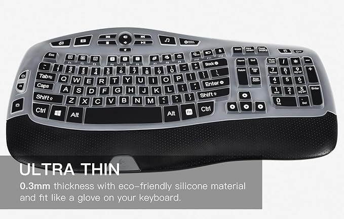 CaseBuy Keyboard Cover with Large Letters Compatible with Logitech K350 MK550 MK570 Wireless Wave Ergonomic Keyboard Protector with Oversized Print Letters -Black