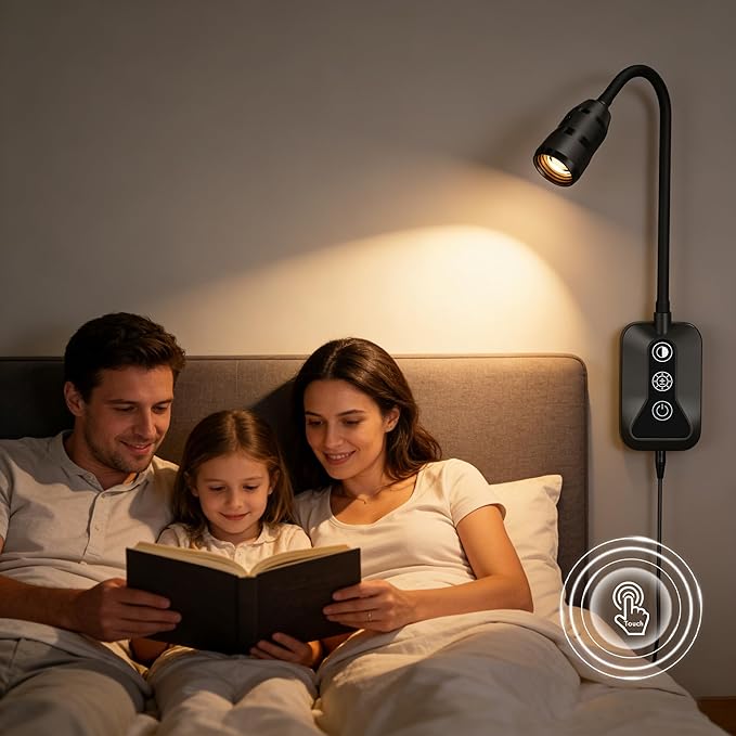 LED Wall Mounted Reading Light with Wave Sensor/Touch Switch, 5 Color & 5 Level Dimmable Touch Bed Lights for Reading with USB C Output, Eye-Care Bedside Reading Light for Bed,Heaboard (Black)